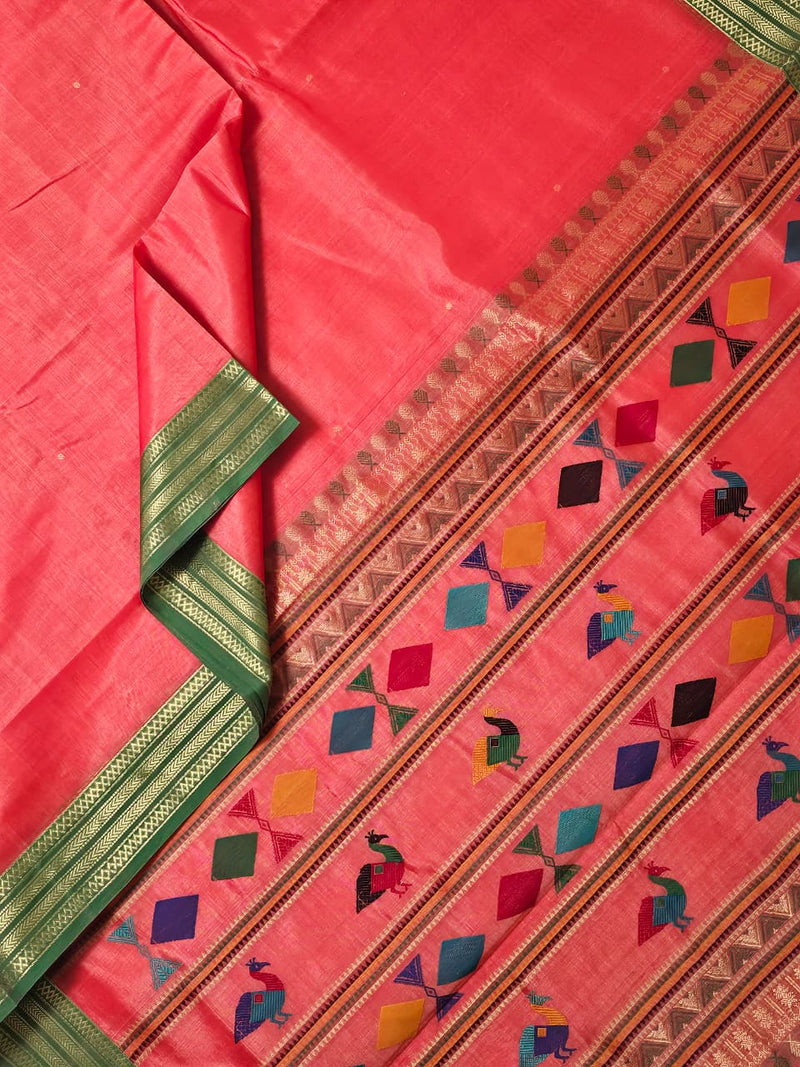 Rochika – Coral Peach Handloom Kanchi Silk Cotton Saree with Bomkai Pallu
