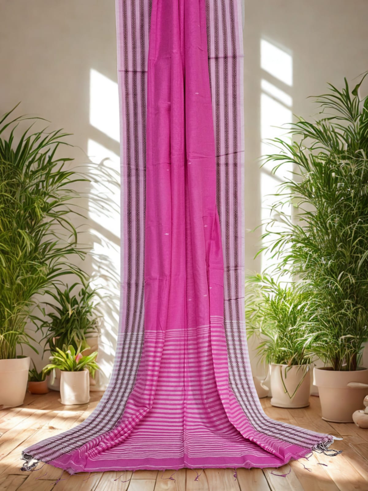 Rohini – Pink Handloom Tangail Khadi Saree with White Border