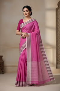 Rohini – Pink Handloom Tangail Khadi Saree with White Border