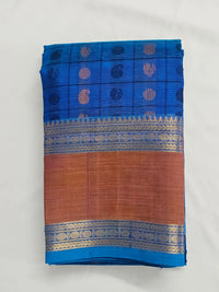 Royal Blue Handloom Aayiram Butta Kanchi Silk Cotton Saree – Thousand Butta Peacock & Mango Motif Saree with Zari Rettaipet Border