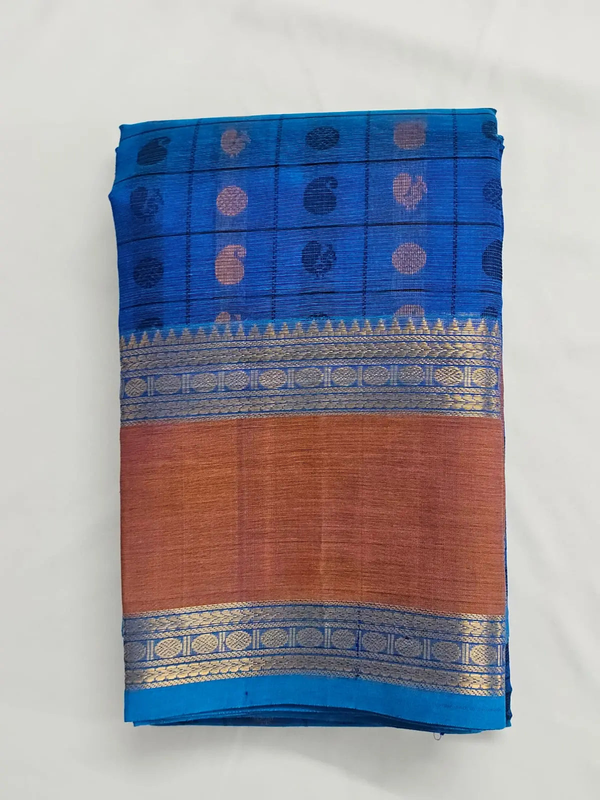 Royal Blue Handloom Aayiram Butta Kanchi Silk Cotton Saree – Thousand Butta Peacock & Mango Motif Saree with Zari Rettaipet Border