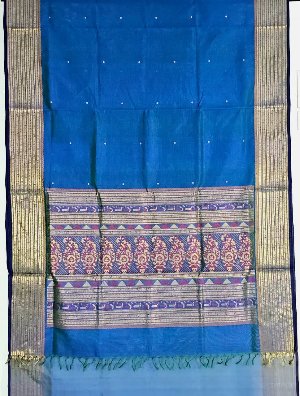 Royal Blue Handloom Kanchi Silk Cotton Saree with Bomkai Pallu