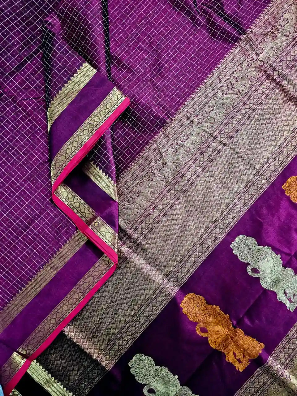 Lakshadeepam Handloom Kanchi Silk Cotton Saree | Royal Purple 
with Yaali Motifs & Gold Zari Border 