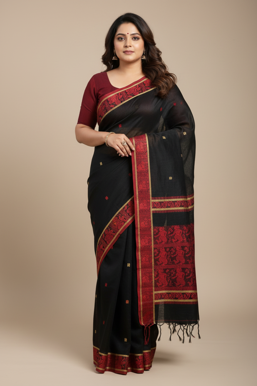 Rudrani – Black Handloom Khadi Saree with Red Baluchari Motifs