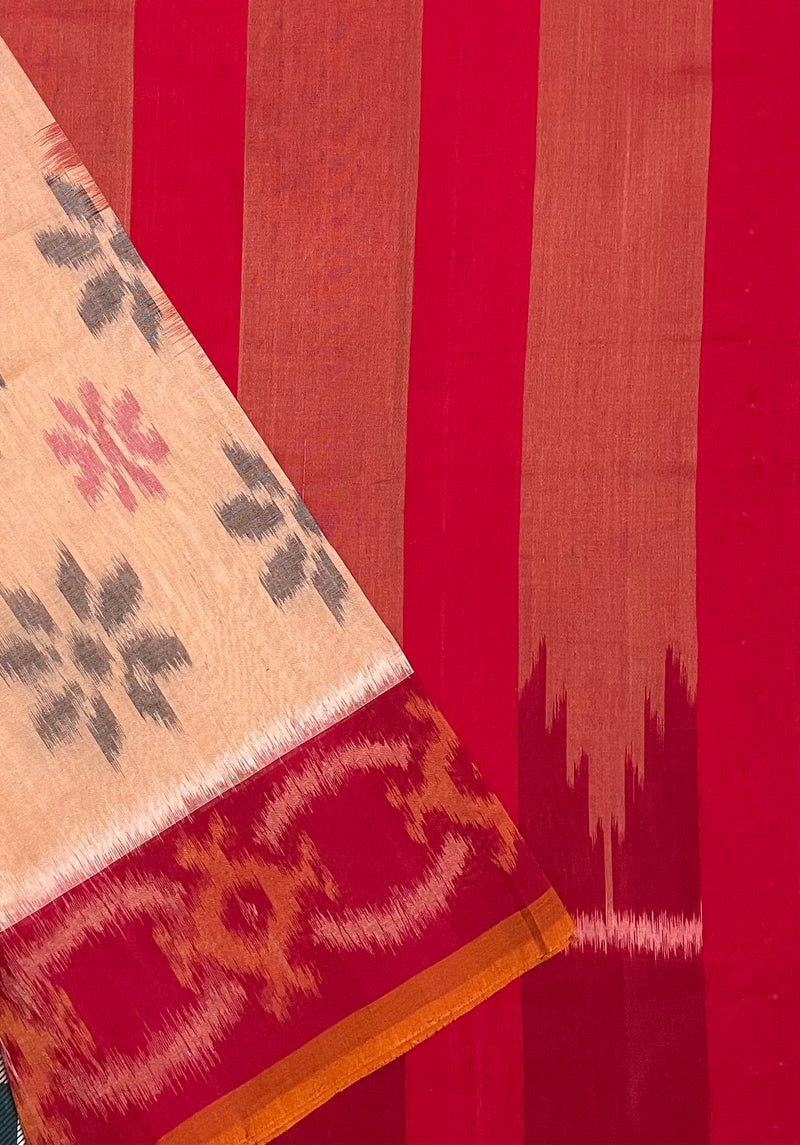 Salmon Pink Ikkat Cotton Saree with Red Border