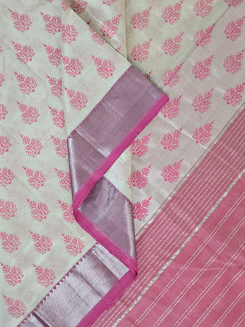 Sarada – White and Pink Printed Handloom Mangalagiri Silk Cotton Saree
