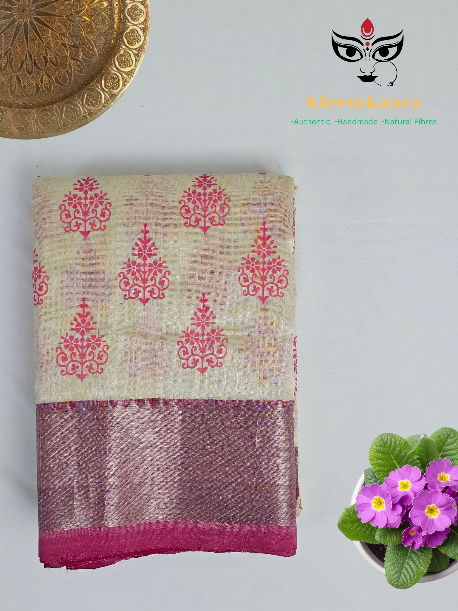 Sarada – White and Pink Printed Handloom Mangalagiri Silk Cotton Saree
