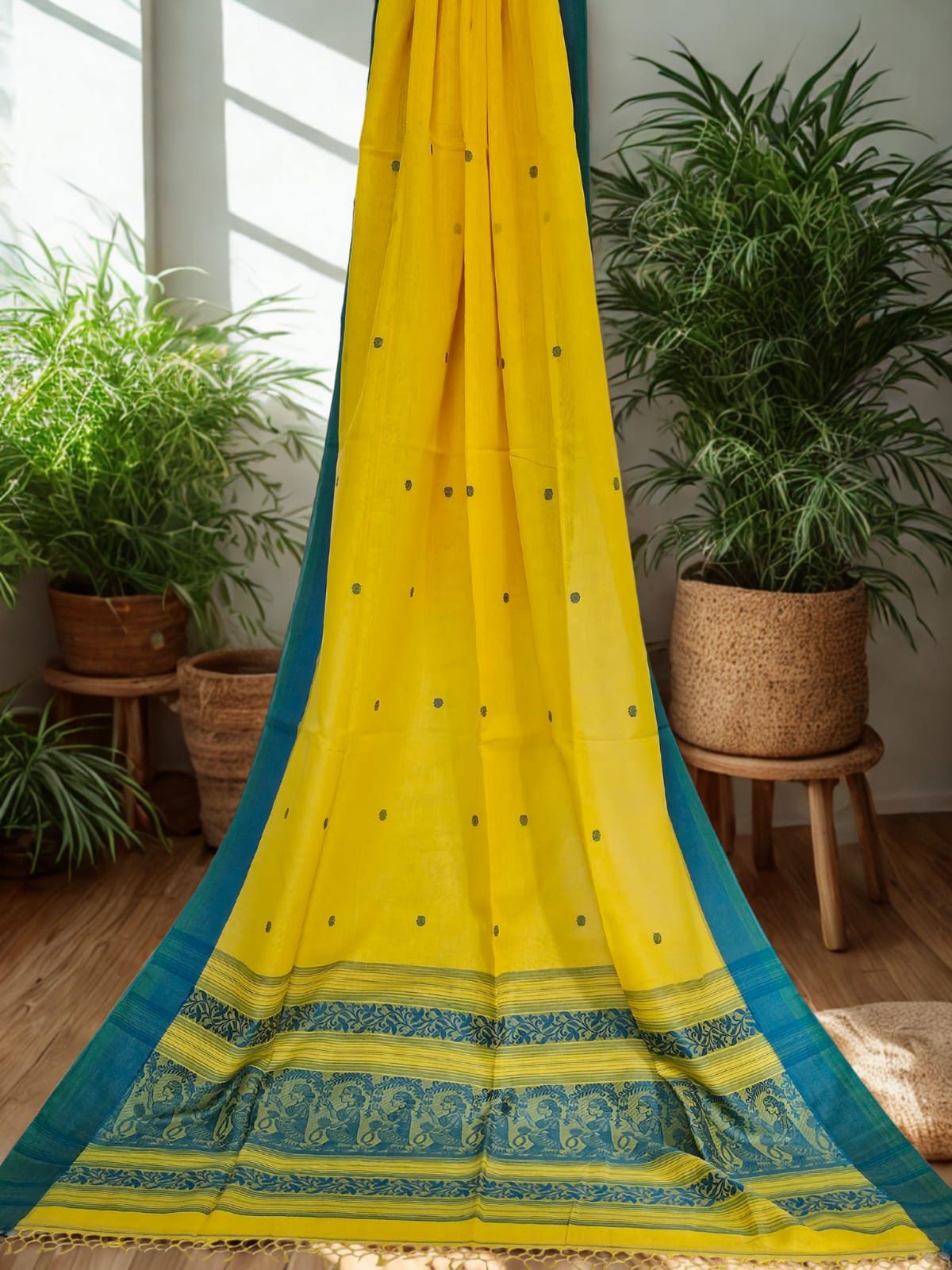 Saranya – Yellow Handloom Bengal Cotton Saree with Teal Baluchari Motifs