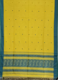 Saranya – Yellow Handloom Bengal Cotton Saree with Teal Baluchari Motifs
