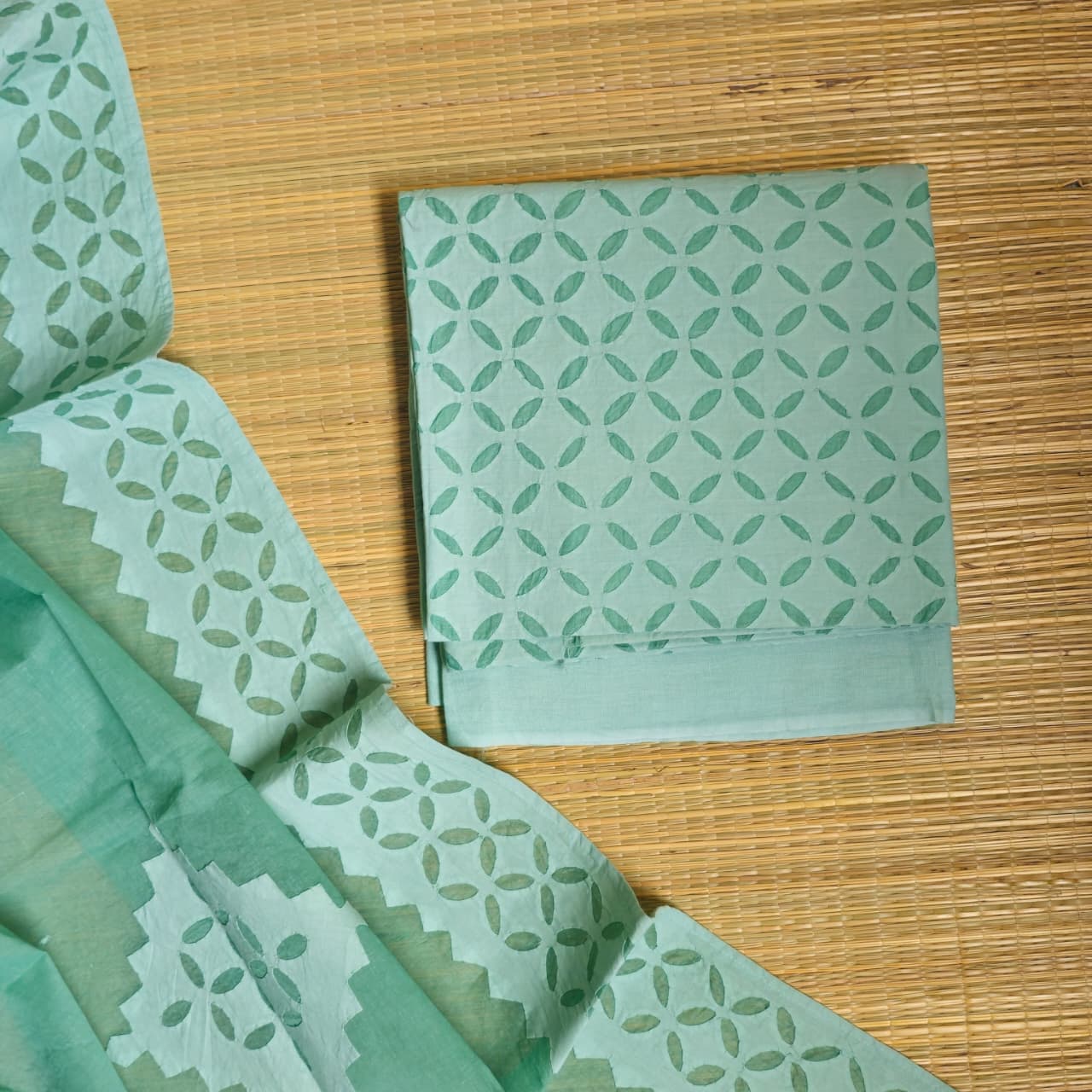 Sea Green Barmer Appliqué Cut Work Cotton 3 Piece Suit Material