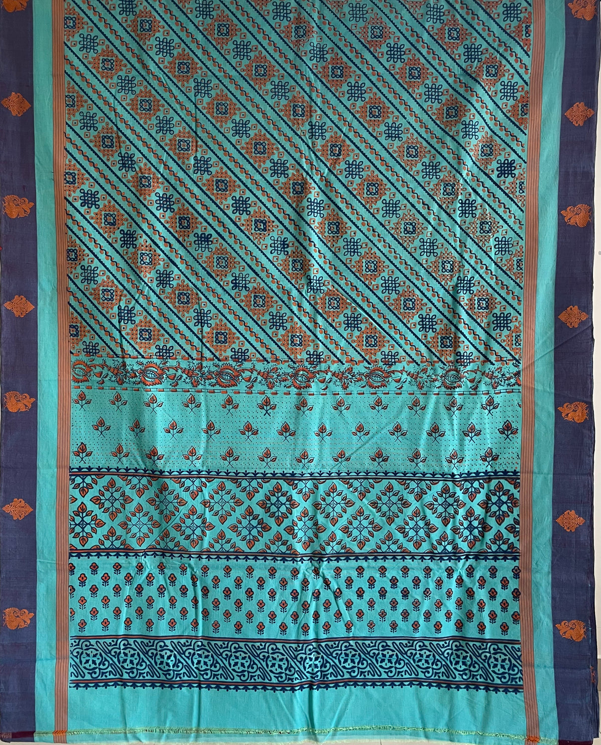 Sea Green Handloom Aruppukottai Cotton Saree with Screen Printing