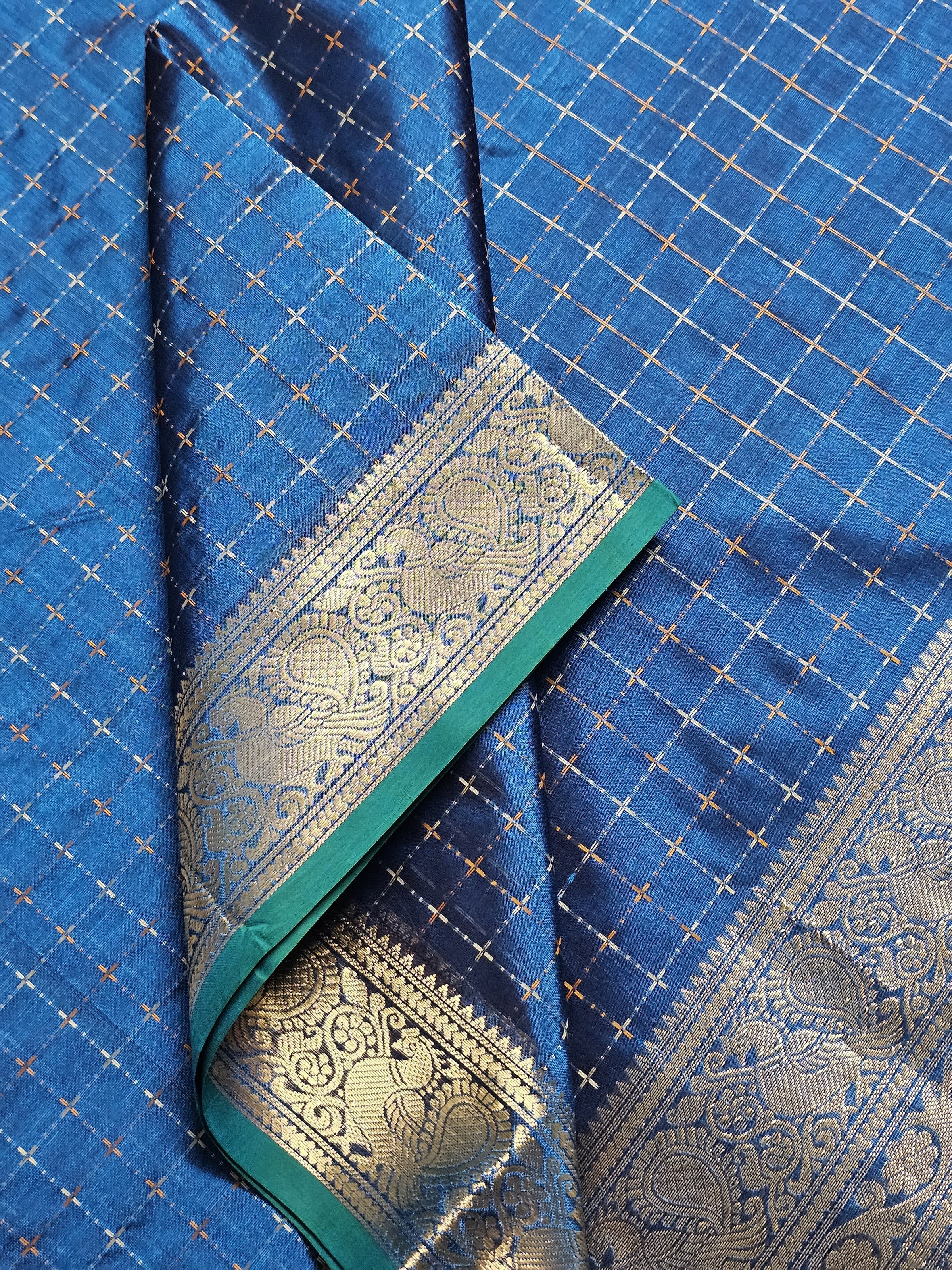 Manjari – Peacock Blue Handloom Kanchi Cotton Saree with Vaira Oosi Motifs