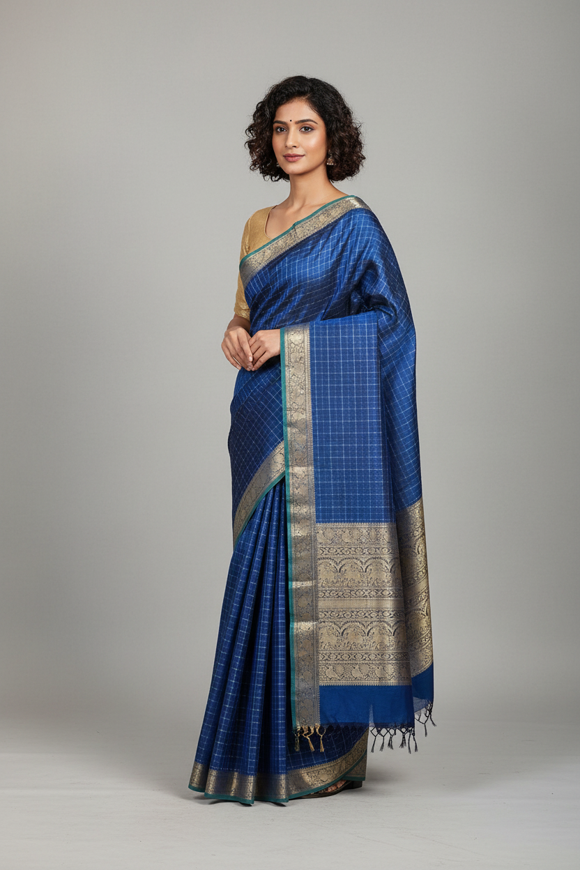 Manjari – Peacock Blue Handloom Kanchi Silk Cotton Saree with Vaira Oosi Design