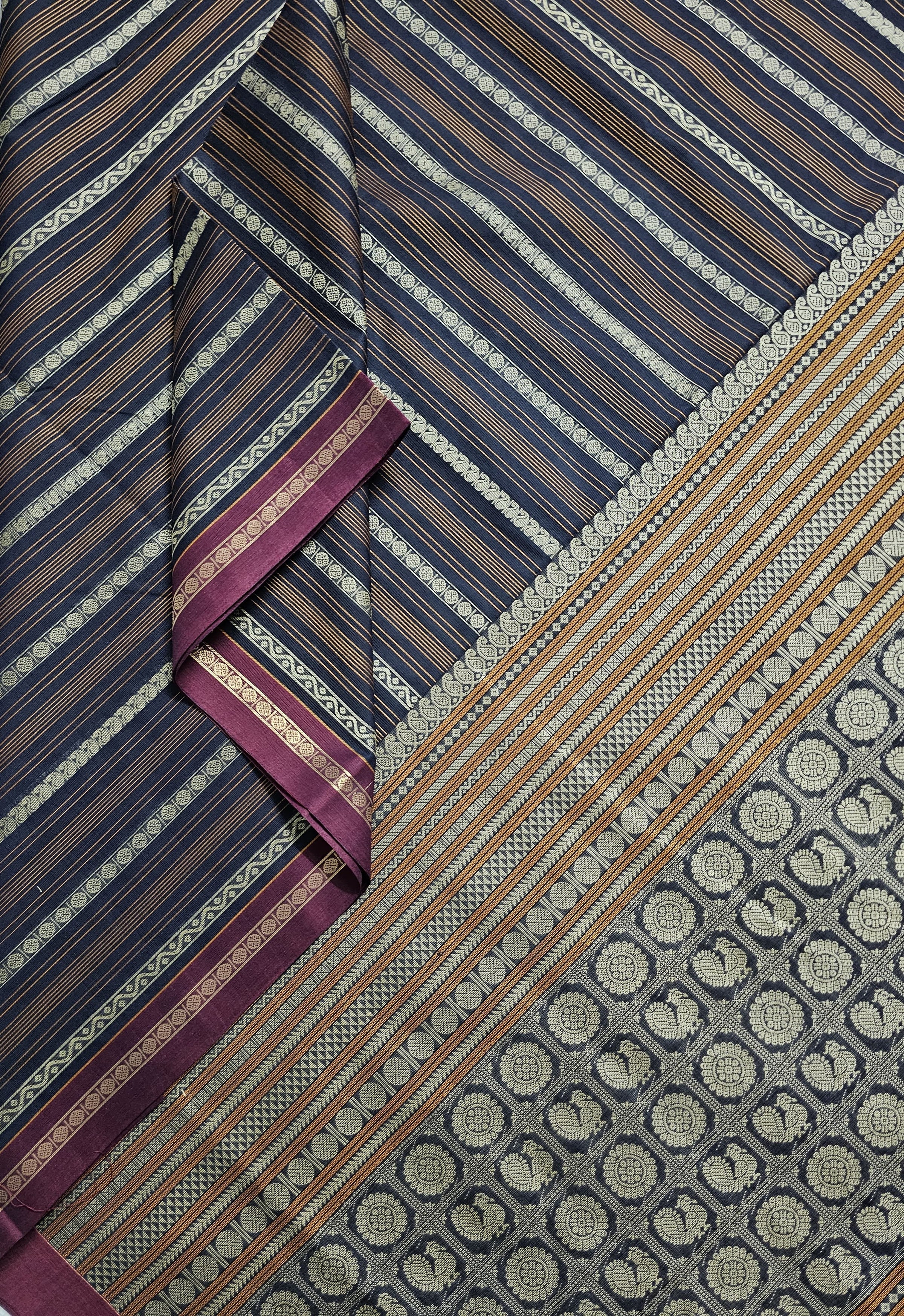 Shyamalika – Black Handloom Kanchi Cotton Saree with Horizontal stripes