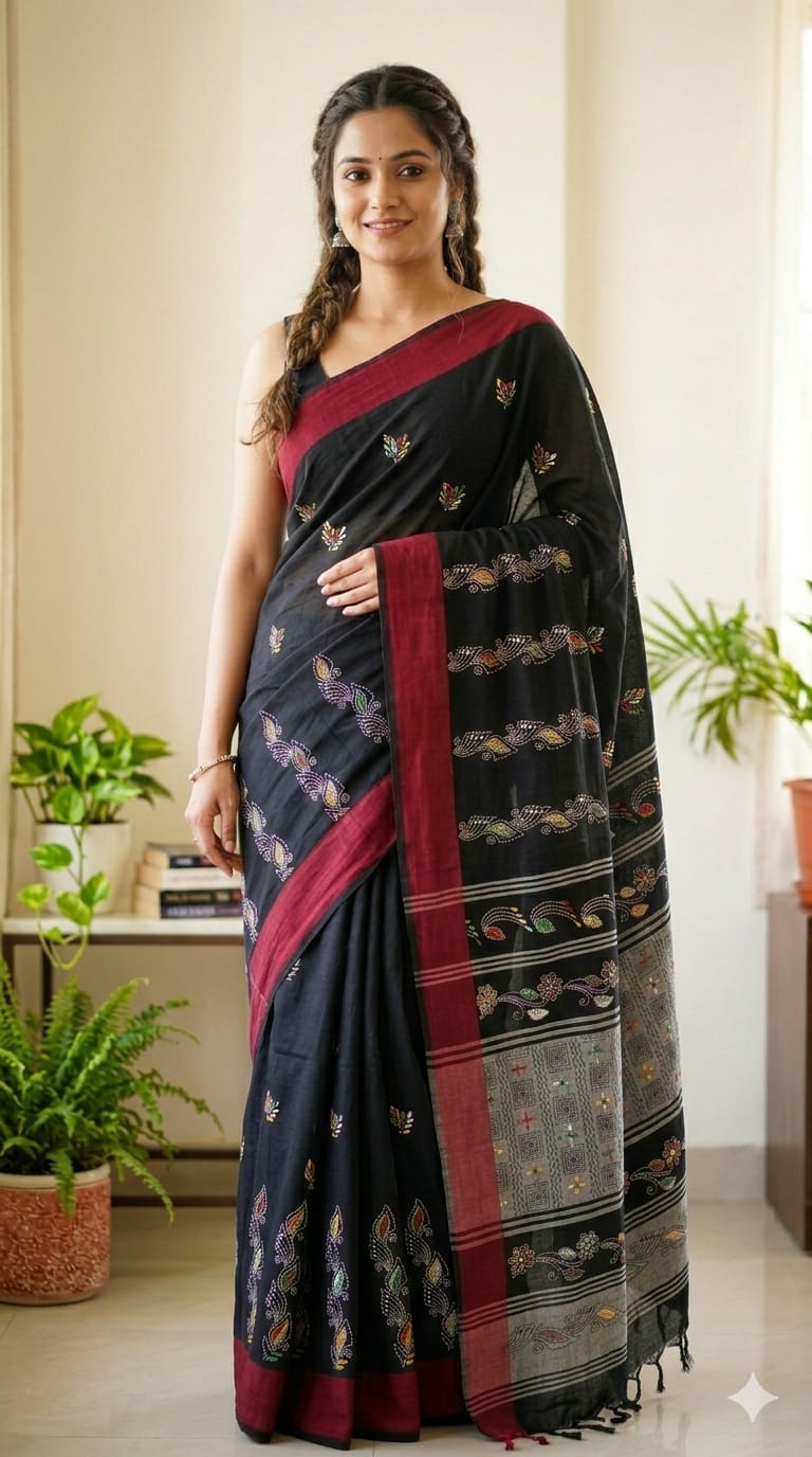 Shyamika – Black Kantha Hand Embroidered Cotton Saree with Crimson Border