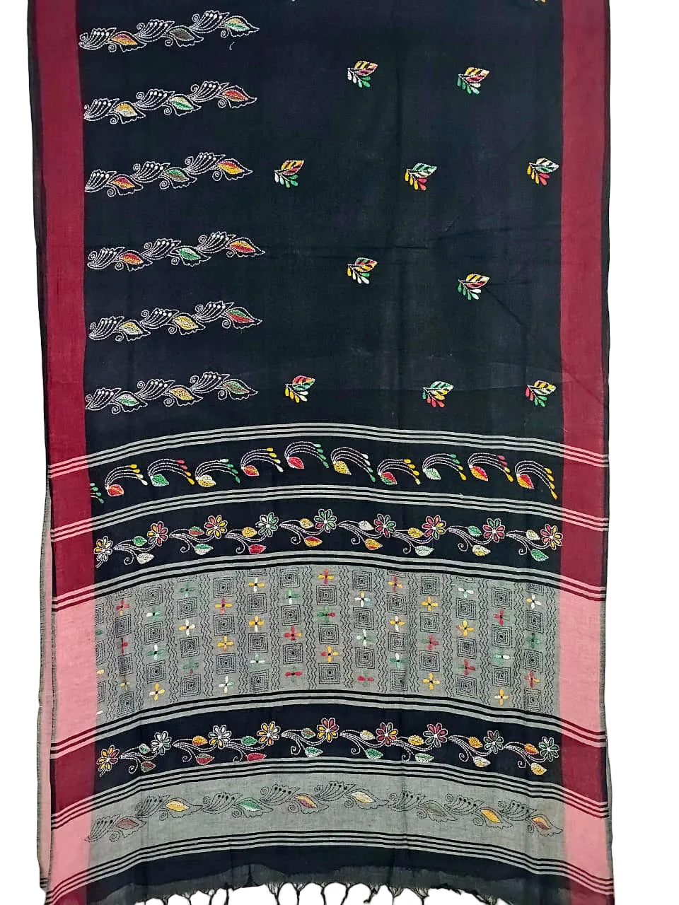 Shyamika – Black Kantha Hand Embroidered Cotton Saree with Crimson Border