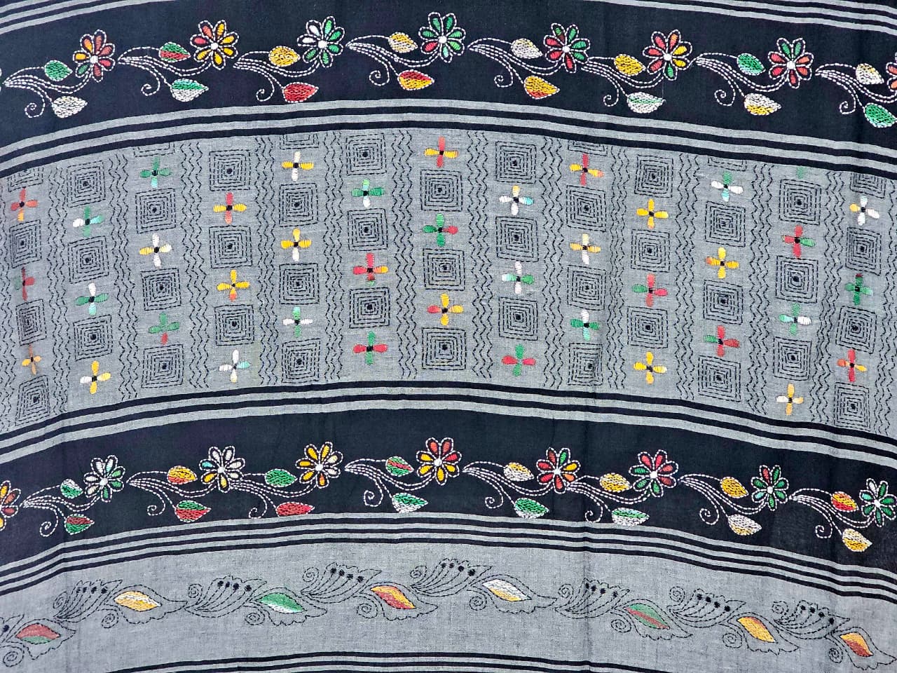 Pallu of Shyamika – Black Kantha Hand Embroidered Cotton Saree with Crimson Border