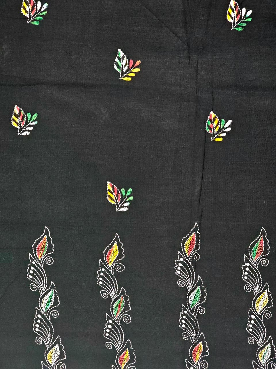 closeup of Shyamika – Black Kantha Hand Embroidered Cotton Saree with Crimson Border