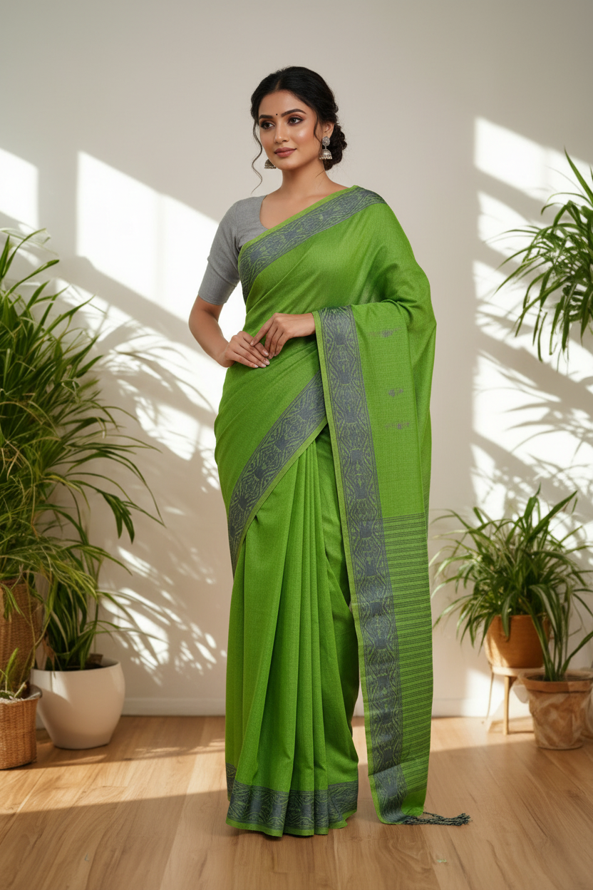 Smita – Parrot Green Handloom Tangail Khadi Saree with Grey Border