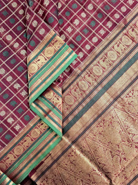 Srirangī – Maroon Aayiram Butta Handloom Kanchi Cotton Saree with Green Zari Border and Zari Pallu