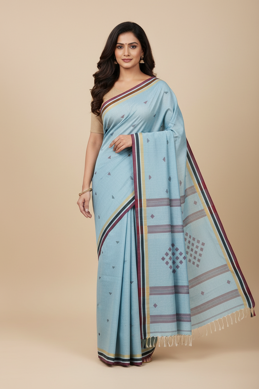 Suruchi – Light Blue Pakwan Cotton Handloom Khadi Saree with Subtle Motifs