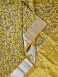 Suryalata – Yellow Handloom Mangalagiri Silk Cotton Saree with Navy Blue Floral Print