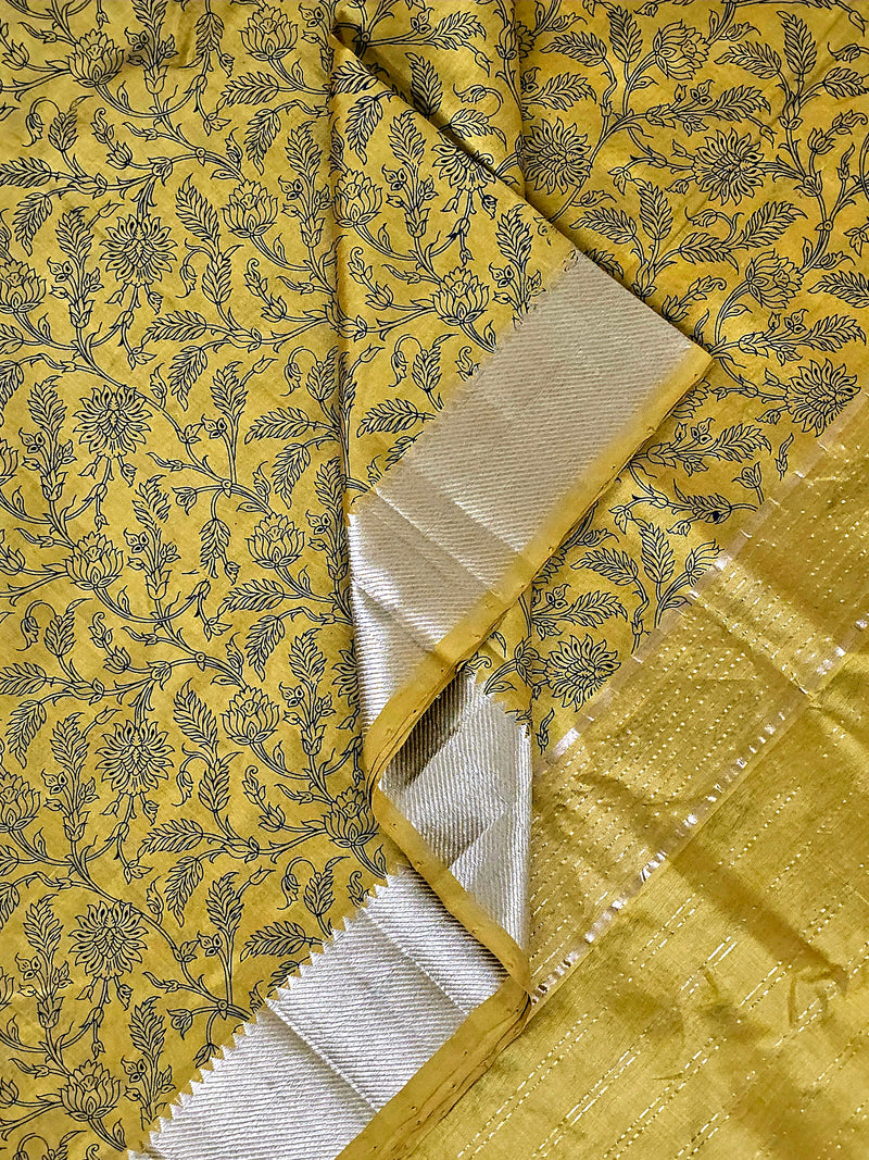 Suryalata – Yellow Handloom Mangalagiri Silk Cotton Saree with Navy Blue Floral Print