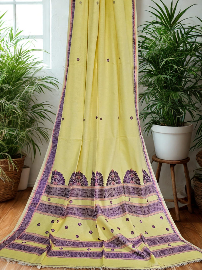 Suvarnita – Yellow Handloom Bengal Cotton Saree with Purple Motifs