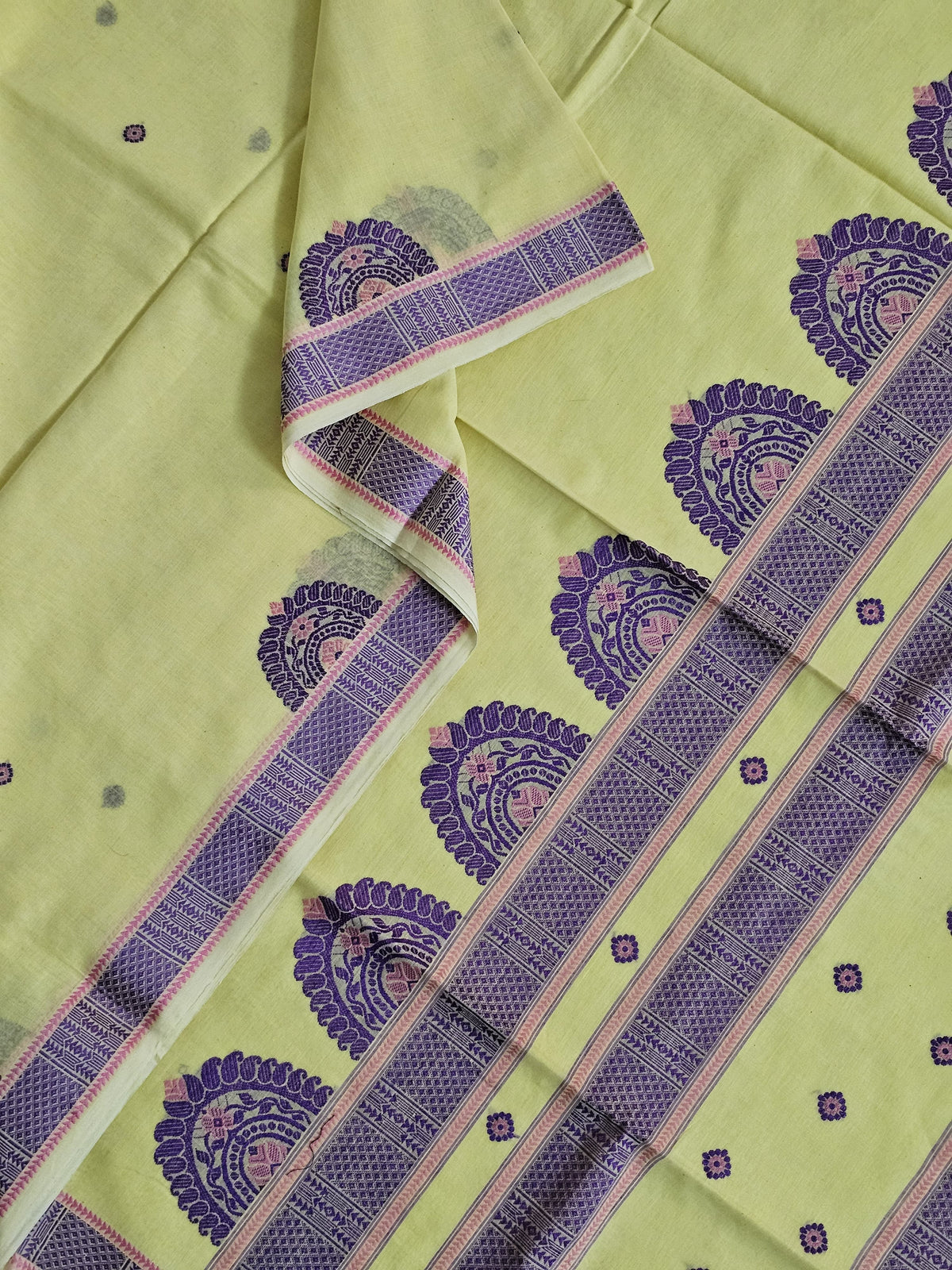 Suvarnita – Yellow Handloom Bengal Cotton Saree with Purple Motifs