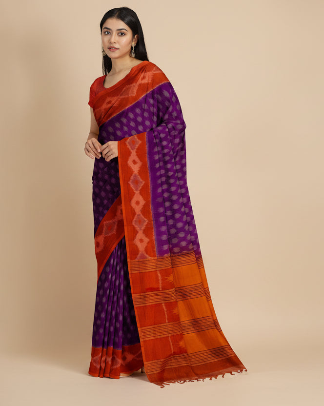 Purple Handloom Ikkat Cotton Saree with Orange Border