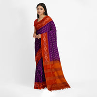 Purple Handloom Ikkat Cotton Saree with Orange Border