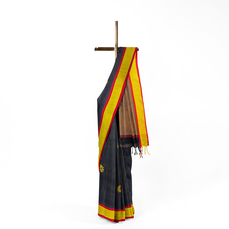 Black Surajmukhi Cotton Saree with Matka Silk Border and Pallu