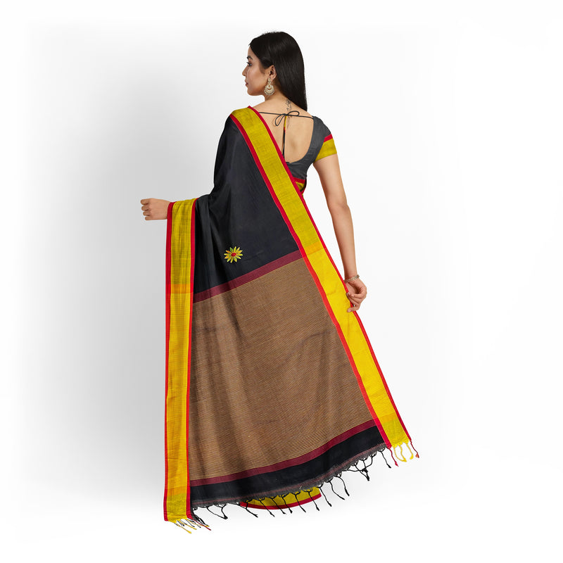 Black Surajmukhi Cotton Saree with Matka Silk Border and Pallu