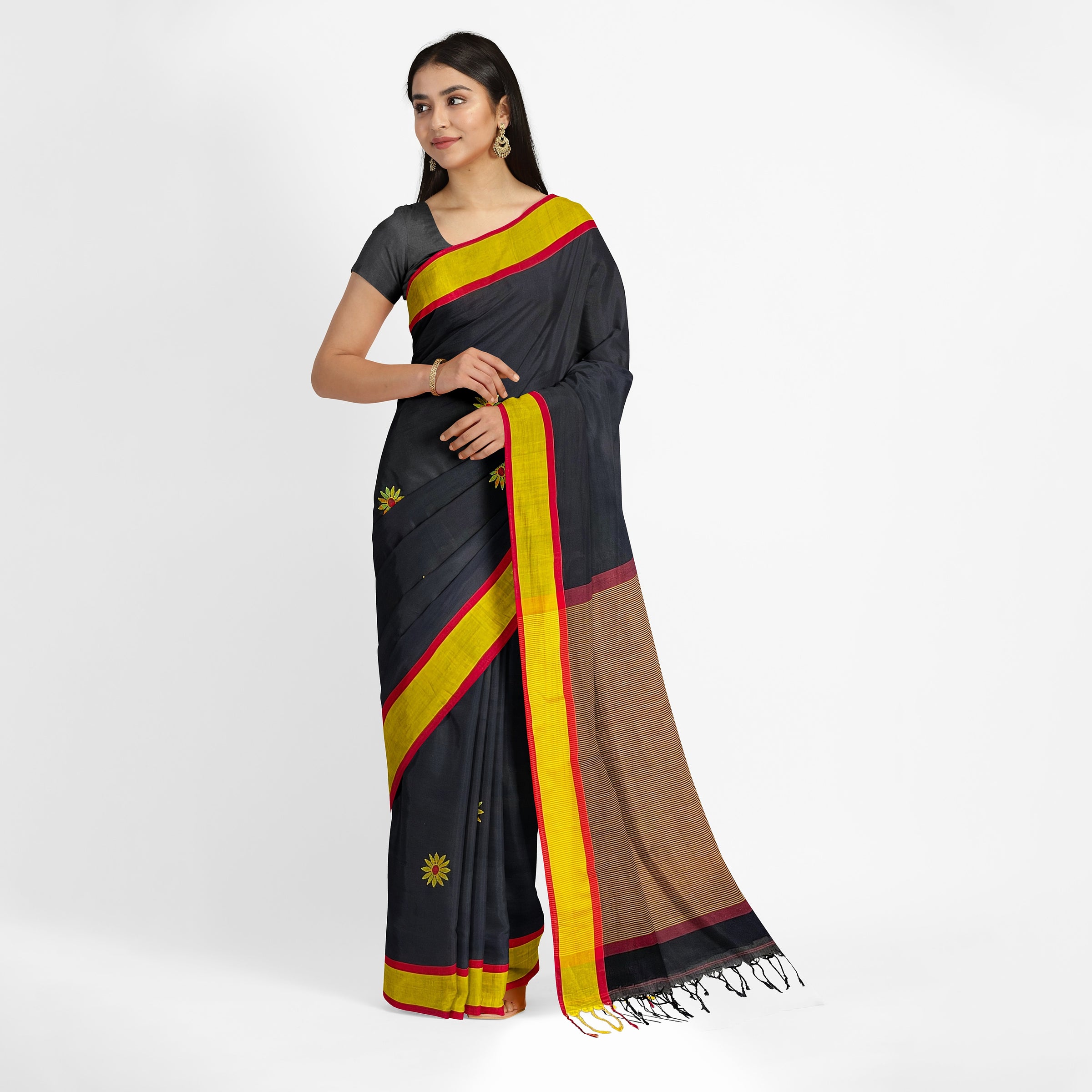 Black Surajmukhi Cotton Saree with Matka Silk Border and Pallu