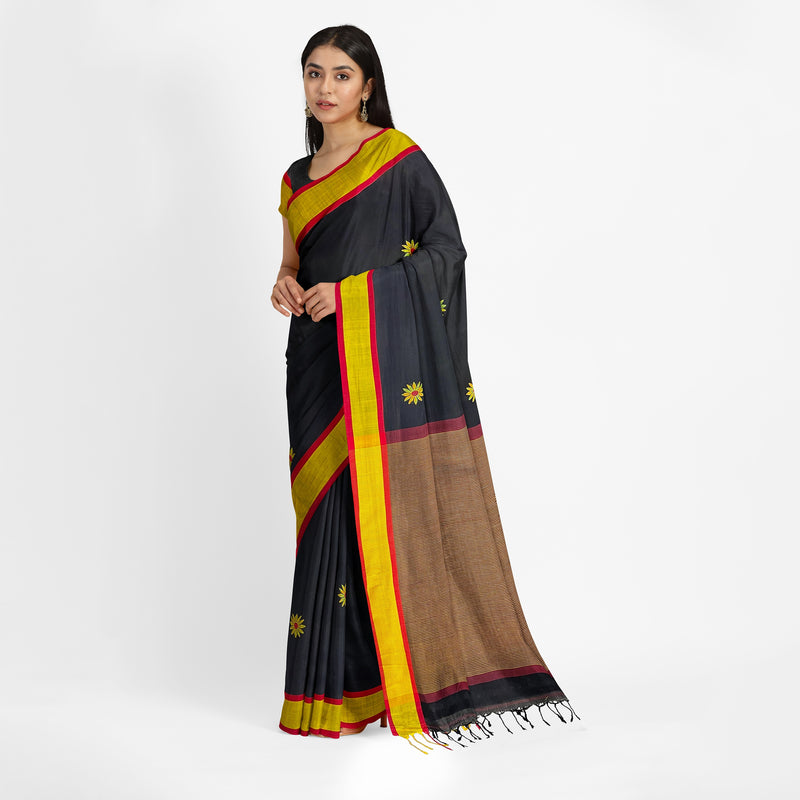 Black Surajmukhi Cotton Saree with Matka Silk Border and Pallu