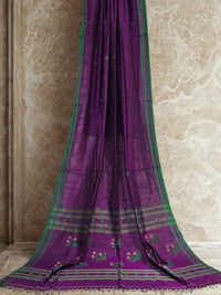 Taarini – Deep Purple Handloom Bengal Cotton Saree with Parrot Motifs and Green Border