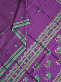 Taarini – Deep Purple Handloom Bengal Cotton Saree with Parrot Motifs and Green Border