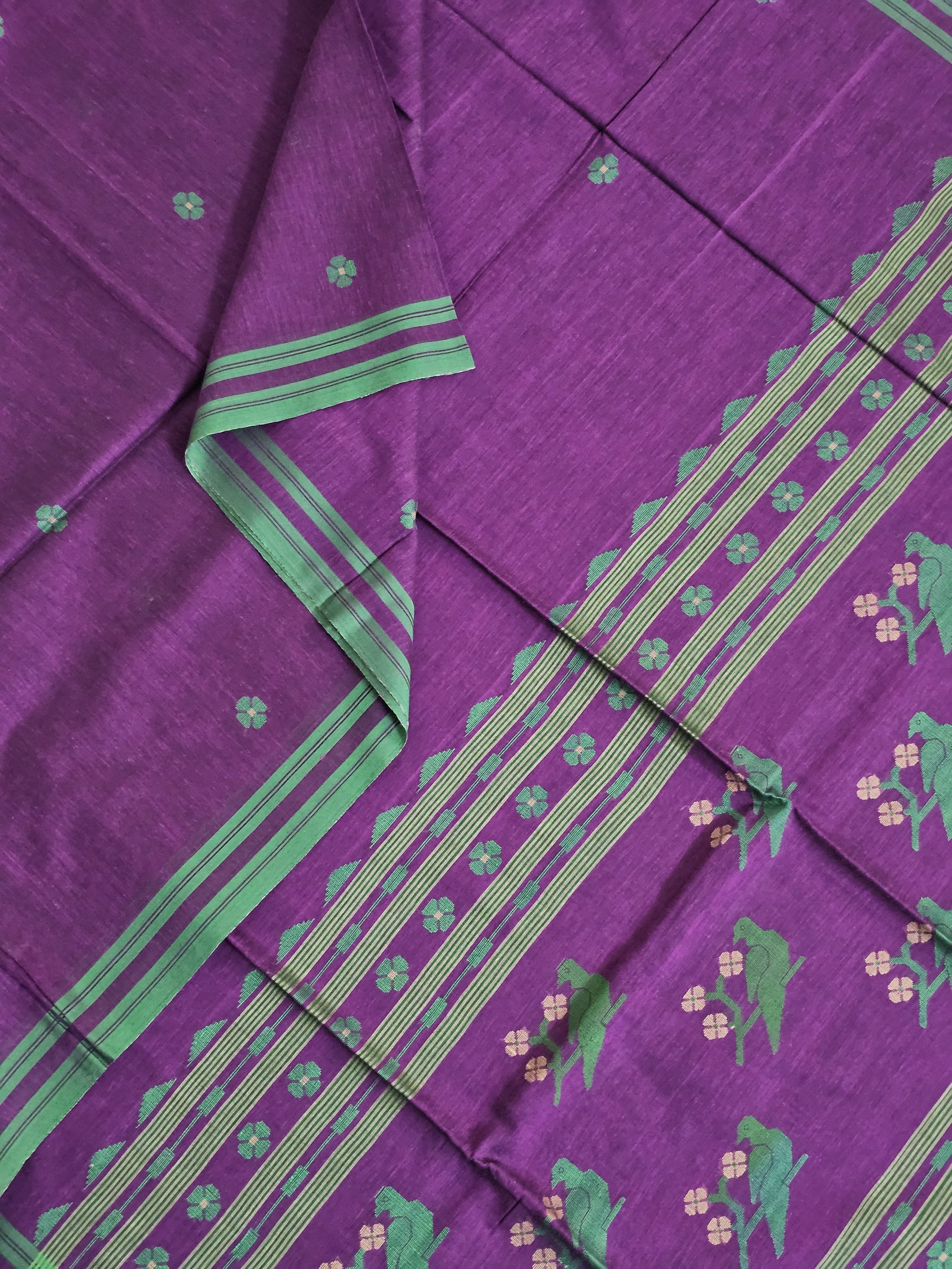 Taarini – Deep Purple Handloom Bengal Cotton Saree with Parrot Motifs and Green Border