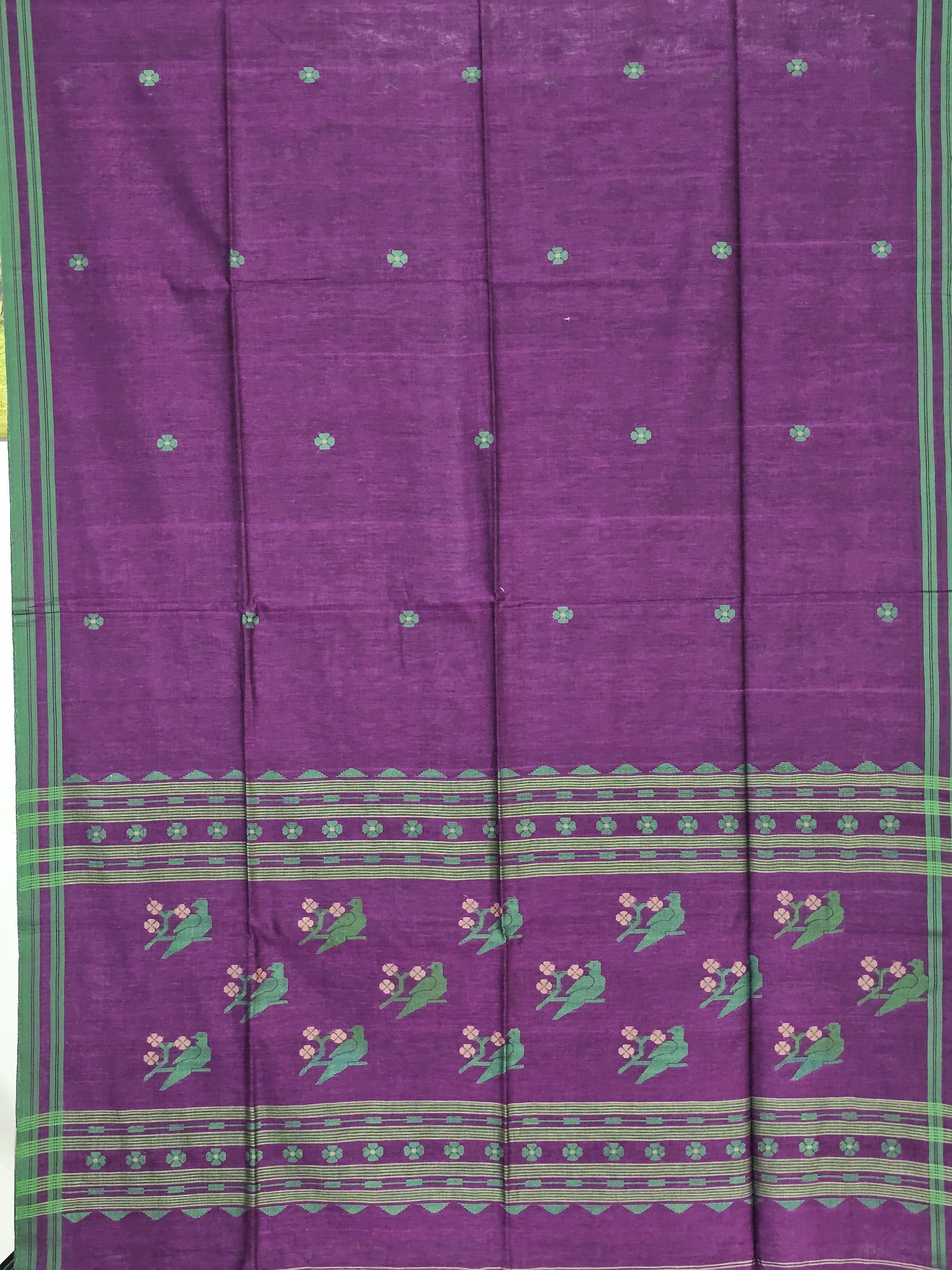 Taarini – Deep Purple Handloom Bengal Cotton Saree with Parrot Motifs and Green Border