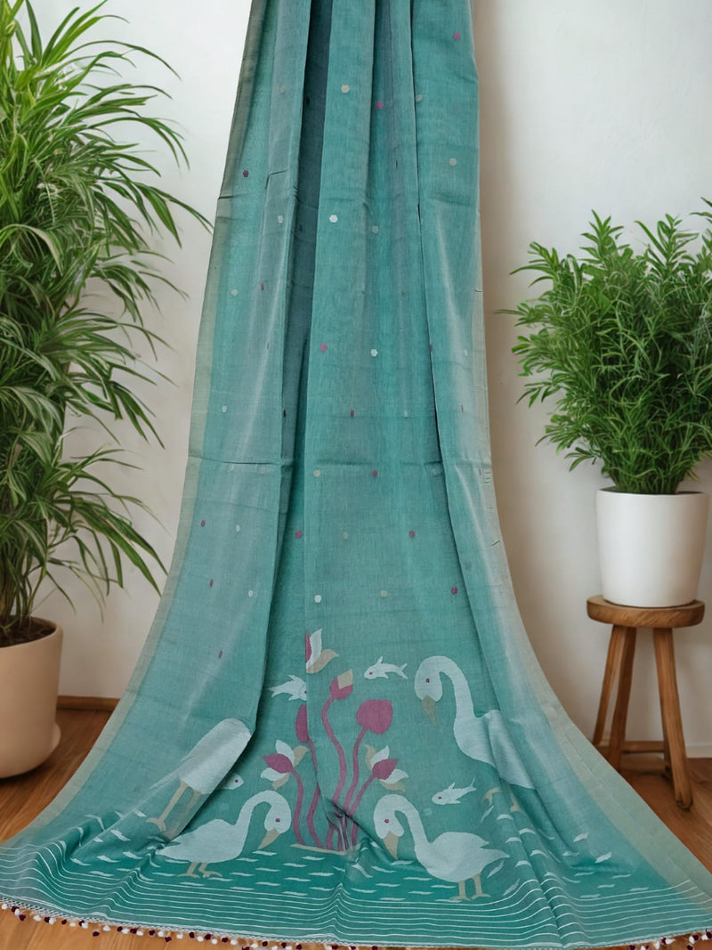 Tanirika - Sea Green Jamdani Handloom Bengal Cotton Saree