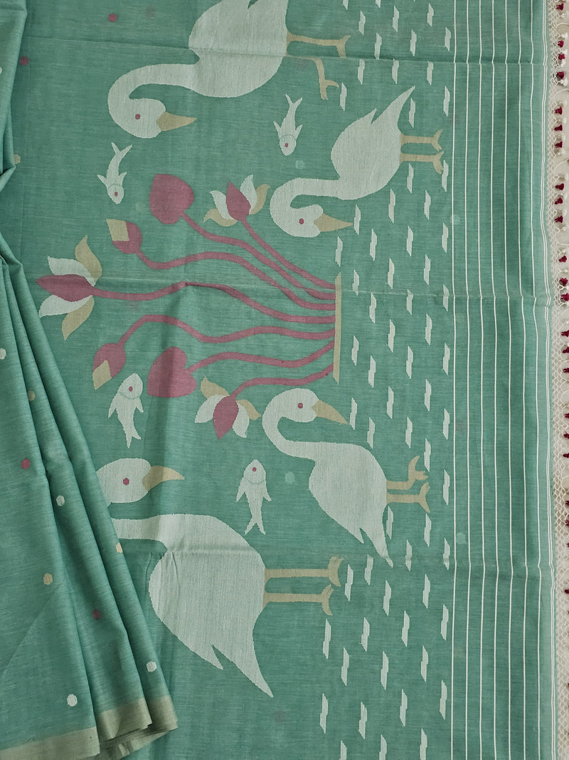 Tanirika - Sea Green Jamdani Handloom Bengal Cotton Saree