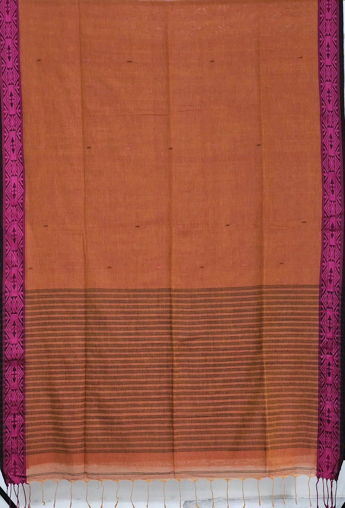 Tapini – Burnt Orange Tangail Handloom Khadi Saree with Magenta Pink Border