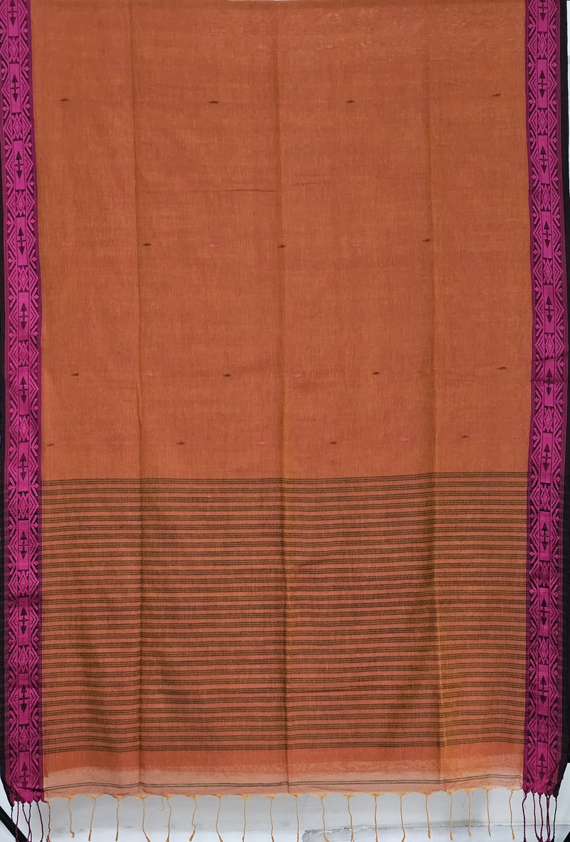 Tapini – Burnt Orange Tangail Handloom Khadi Saree with Magenta Pink Border