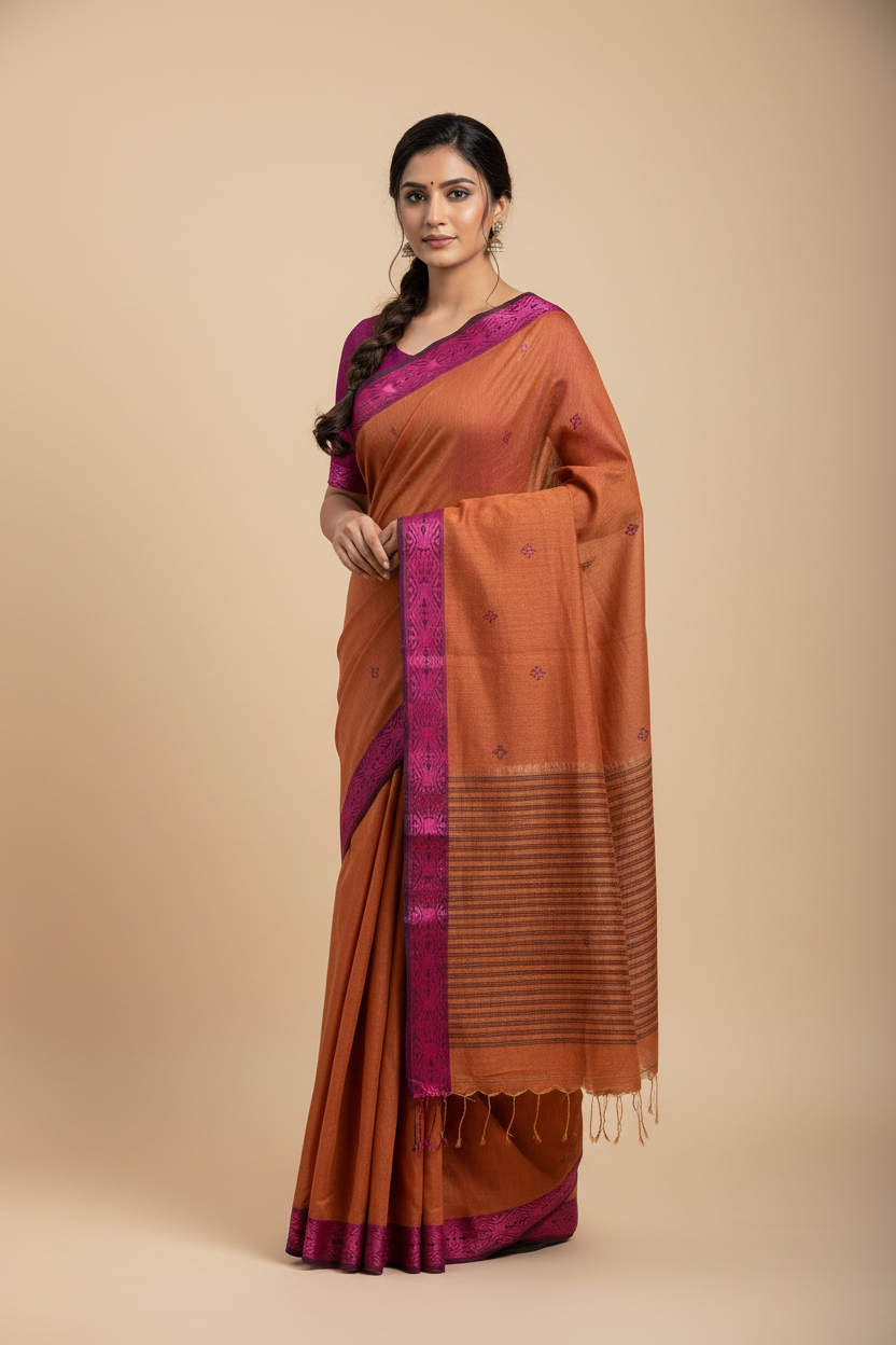 Tapini – Burnt Orange Tangail Handloom Khadi Saree with Magenta Pink Border