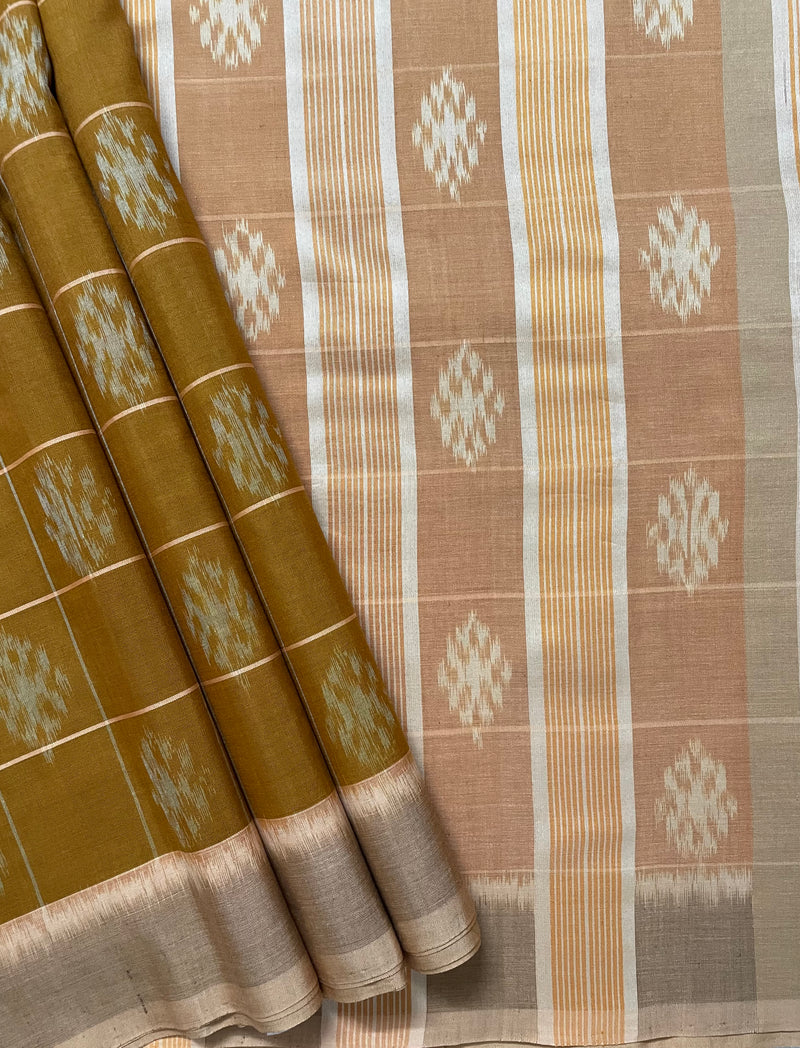 Tawny Brown Ikkat Cotton Saree with Beige Border