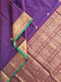 close up of Tejasvi – Purple Pure Handloom Kanchi Cotton Saree with Zari Border and Green Selvedge