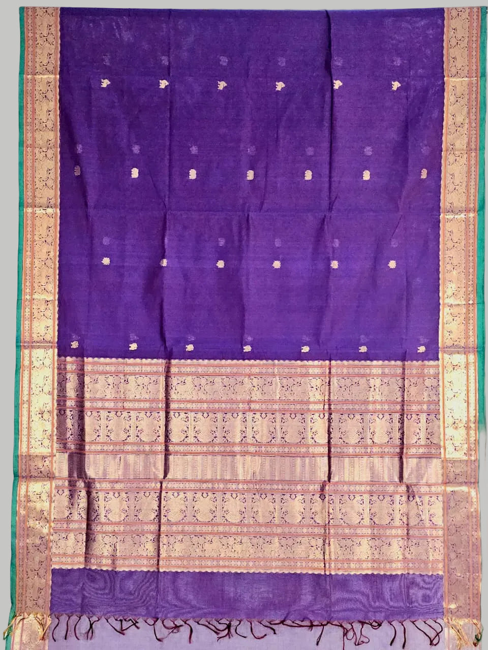 Tejasvi – Purple Pure Handloom Kanchi Cotton Saree with Zari Border and Green Selvedge