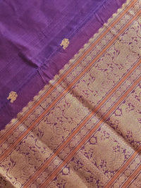 close up of Tejasvi – Purple Pure Handloom Kanchi Cotton Saree with Zari Border and Green Selvedge Pallu