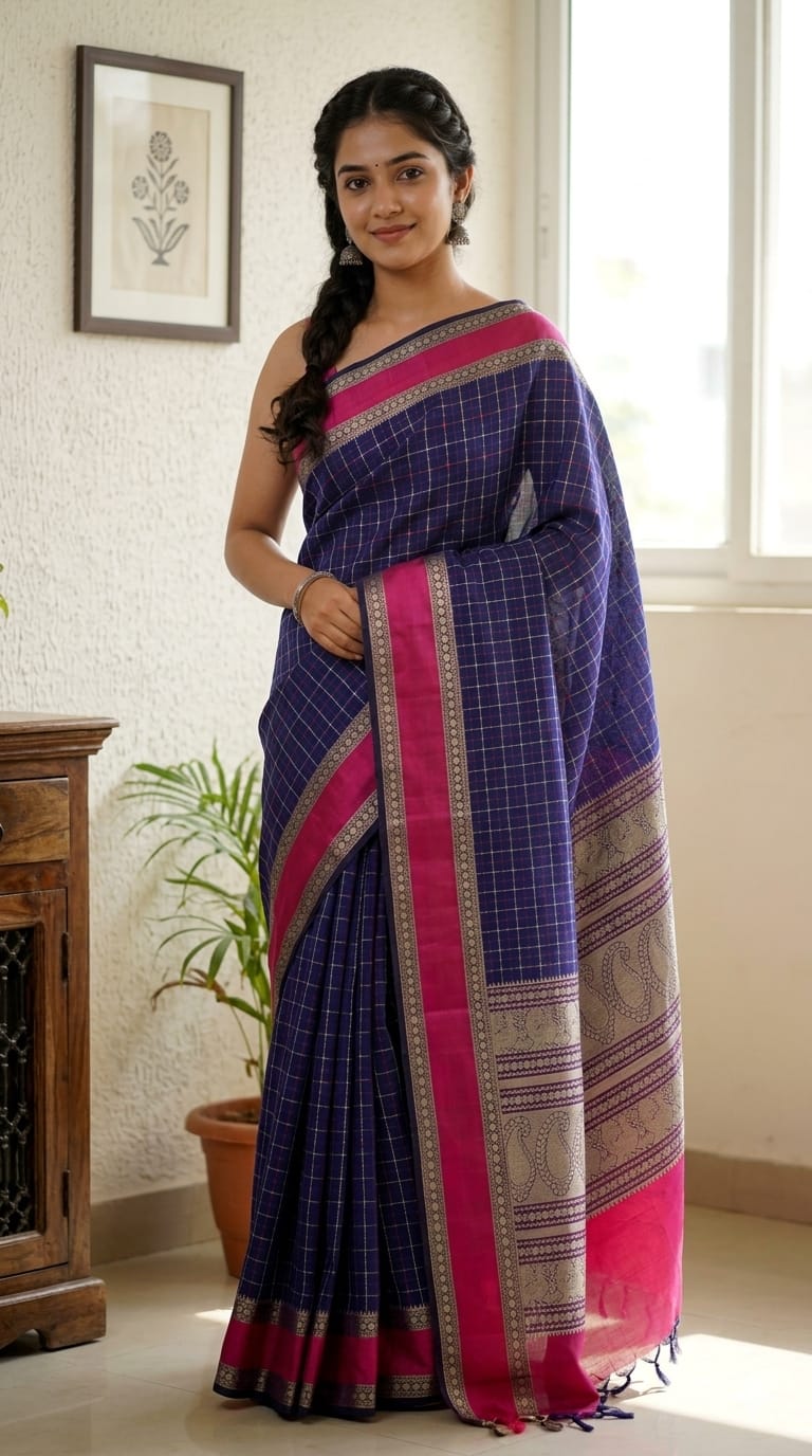 woman in Vaidhehi – Navy Blue Vaira Oosi Pure Handloom Kanchi Cotton Saree with Pink Rettai Pet Border