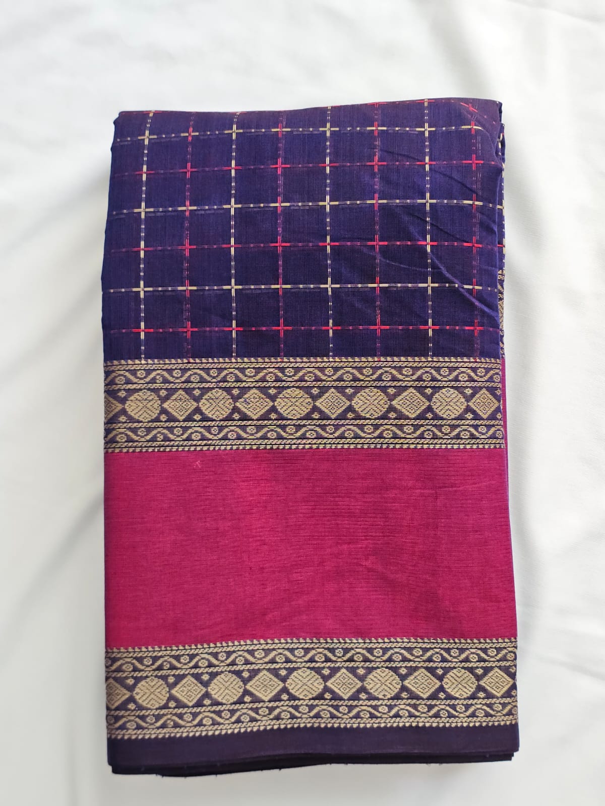 Vaidhehi – Navy Blue Vaira Oosi Pure Handloom Kanchi Cotton Saree with Pink Rettai Pet Border